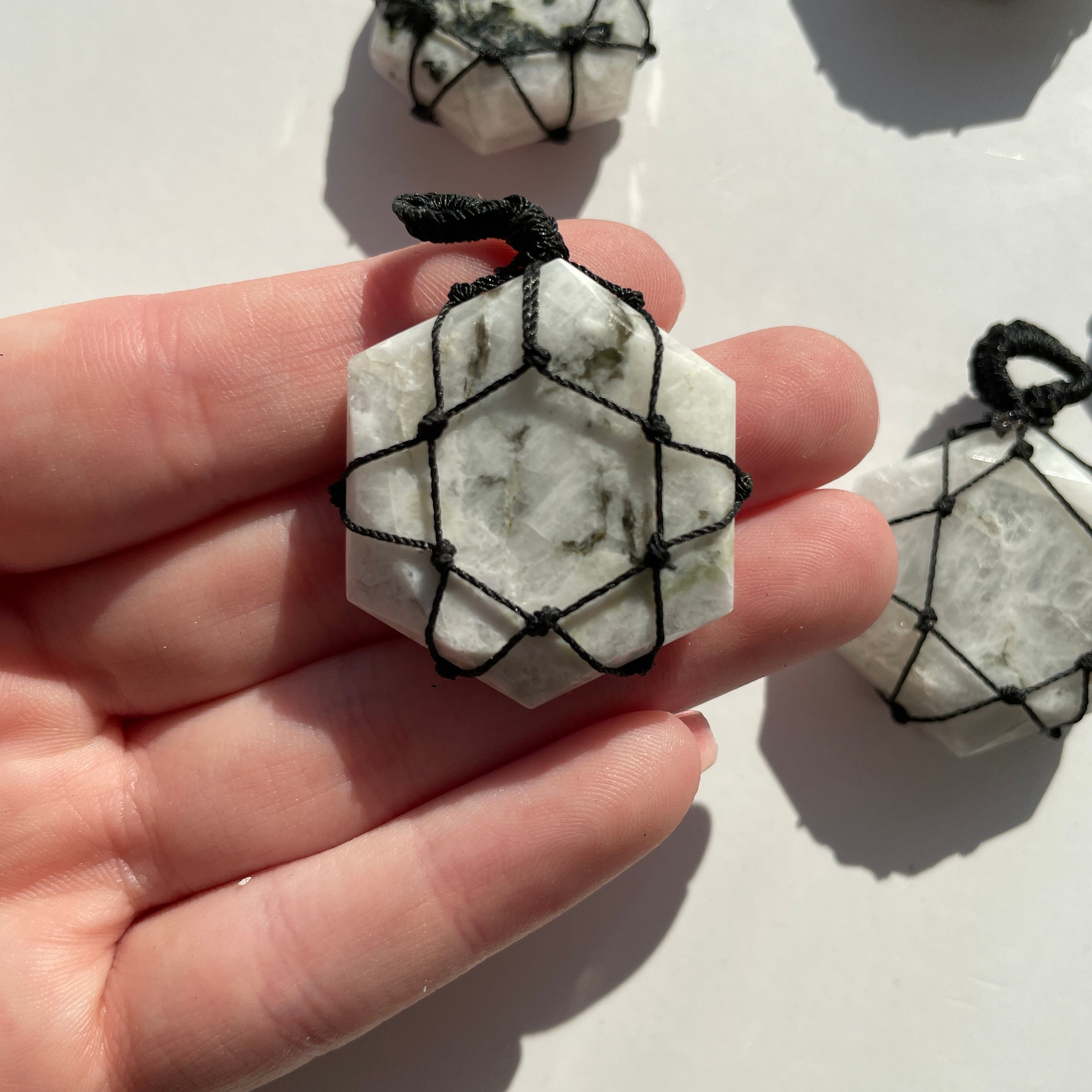 Rainbow Moonstone - Macrame Wrapped Hexagonal Pendant Rainbow Moonstone - Macrame Wrapped Hexagonal Pendant